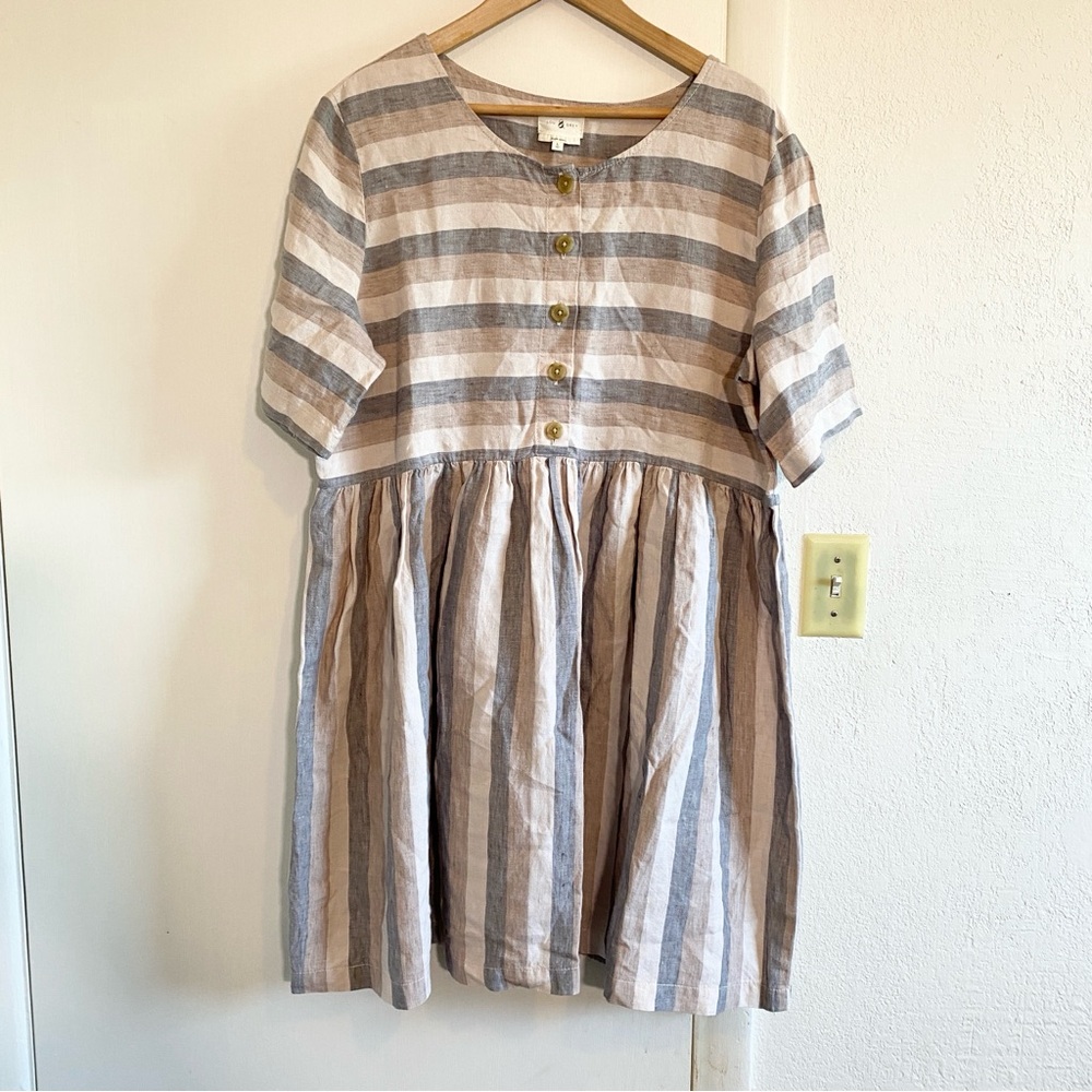 Lou & Grey Linen Dress Size Large Stripes Comfy Short Sleeve Button Minimalist